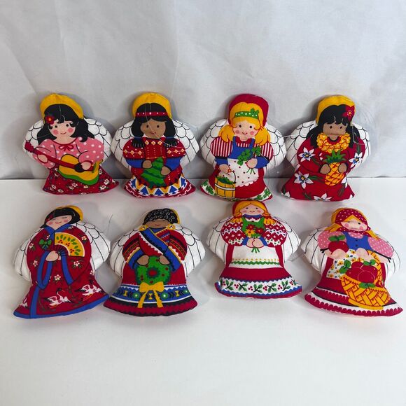 VTG Handmade Stuffed Ornament Dolls 'Around the World' Fabric Set of 8 Christmas - Picture 2 of 5